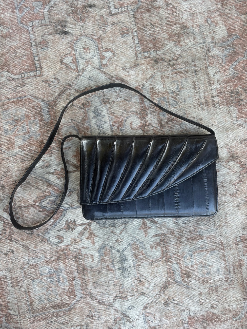 Vintage Black Eel Skin Leather Crossbody Clutch Purse